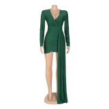 Solid Color V-Neck Long Sleeved Wrapped Mini Dress