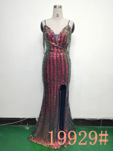 Sequins + Beaded Tassel Sleeve Straps Fishtail Evening Dress