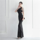 Sequins + Beaded Tassel Sleeve O-Neck Fishtail Evening Dress