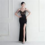 Sequins + Beaded Tassel Sleeve Straps Side Slit Velvet Evening Dress