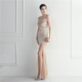 Sequins + Beaded Tassel Sleeve Straps Side Slit Velvet Evening Dress
