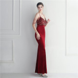 Sequins + Beaded Tassel Sleeve Straps Side Slit Velvet Evening Dress