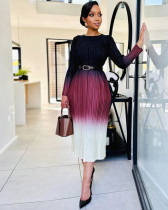 Long Sleeved Gradient Pleated Midi Dress