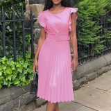 S-3X Solid Color Round Neck Ruffle Sleeve Pleated Office Dress + Belt