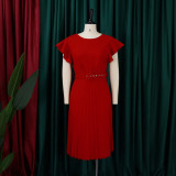S-3X Solid Color Round Neck Ruffle Sleeve Pleated Office Dress + Belt