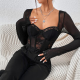 Lace Patchwork Long Sleeve Retro Top