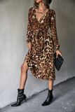 Leopard / Zebra Print Long Sleeve V-Neck Casual Maxi Dress