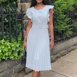 S-3X Solid Color Round Neck Ruffle Sleeve Pleated Office Dress + Belt