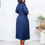 S-3X Solid Color 3/4 Sleeve V-Neck Pleated Midi Dress + Belt