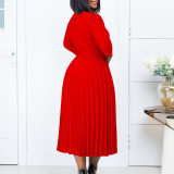 S-3X Solid Color 3/4 Sleeve V-Neck Pleated Midi Dress + Belt