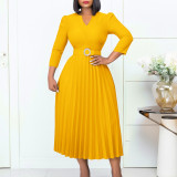 S-3X Solid Color 3/4 Sleeve V-Neck Pleated Midi Dress + Belt