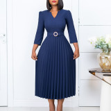 S-3X Solid Color 3/4 Sleeve V-Neck Pleated Midi Dress + Belt