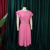 S-3X Solid Color Round Neck Ruffle Sleeve Pleated Office Dress + Belt