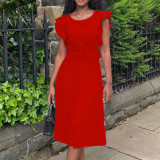 S-3X Solid Color Round Neck Ruffle Sleeve Pleated Office Dress + Belt