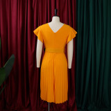 S-3X Solid Color Round Neck Ruffle Sleeve Pleated Office Dress + Belt