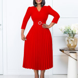 S-3X Solid Color 3/4 Sleeve V-Neck Pleated Midi Dress + Belt