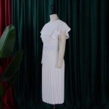 S-3X Solid Color Round Neck Ruffle Sleeve Pleated Office Dress + Belt