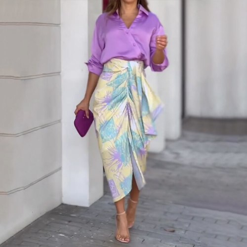 Solid Color Elegant Blouse + Matching Print Irregular Long Skirt
