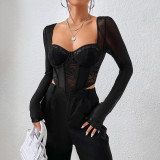 Lace Patchwork Long Sleeve Retro Top