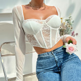 Lace Patchwork Long Sleeve Retro Top