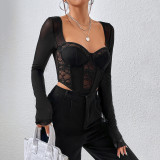 Lace Patchwork Long Sleeve Retro Top