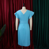 S-3X Solid Color Round Neck Ruffle Sleeve Pleated Office Dress + Belt