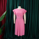 S-3X Solid Color Round Neck Ruffle Sleeve Pleated Office Dress + Belt