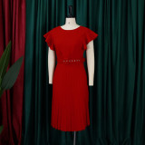 S-3X Solid Color Round Neck Ruffle Sleeve Pleated Office Dress + Belt