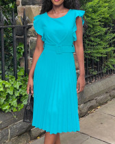 S-3X Solid Color Round Neck Ruffle Sleeve Pleated Office Dress + Belt