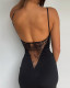 Lace Patchwork Side Slit Strap Long Black Dress