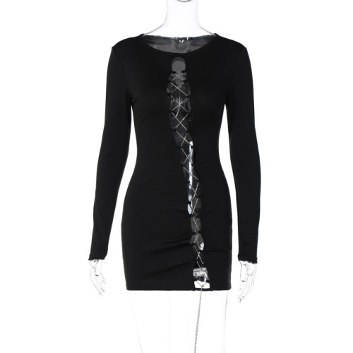Sexy Hollow Out Beaded Chains Lace-up Black Party Dress