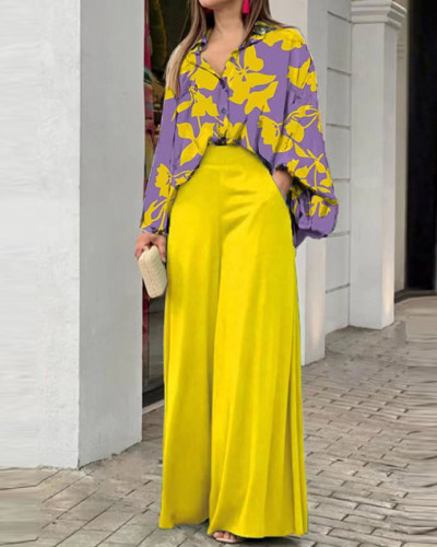 Solid Color Elegant Loose Print Blouse + Long Trousers