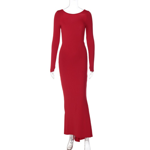 Solid Color Sexy Backless Scrunch Butt Long Sleeved Evening Dress