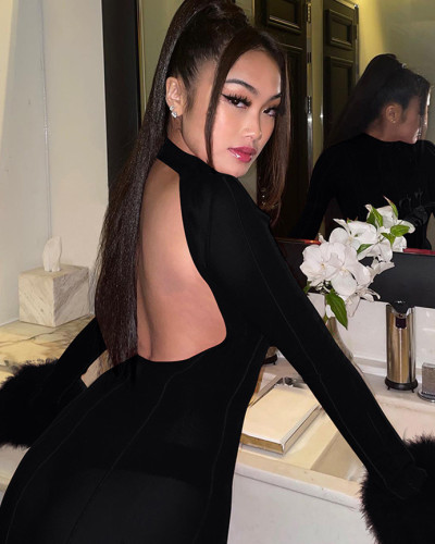 Sexy Backless Solid Color Feather Sleeve Short Party Dress