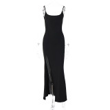Lace Patchwork Side Slit Strap Long Black Dress