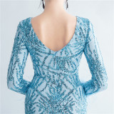 Formal Long Sleeve Prom Dress Sequin Long Party Dress Feather Evening Dress