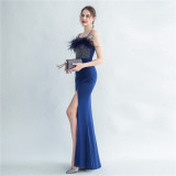 Formal Beaded Party Dress Feather Evening Dress
