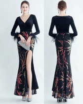 Formal Sequins Evening Dress Feather Party Dress Velvet Prom Dress