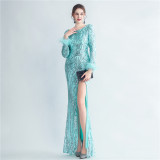 Formal Long Sleeve Prom Dress Sequin Long Party Dress Feather Evening Dress