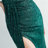 One Shoulder Prom Dress Sequined Side Slit Evening Dress