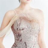 Elegant One Shoulder Prom Dress Sequins Party Dress Feather Evening Dress