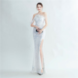 Elegant One Shoulder Prom Dress Sequins Party Dress Feather Evening Dress