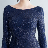 Formal Long Sleeve Prom Dress Sequin Long Party Dress Feather Evening Dress