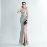 Formal Slash Shoulder Prom Dress Feather Party Dress Sequin Evening Dress