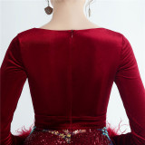 Formal Sequins Evening Dress Feather Party Dress Velvet Prom Dress