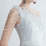 Formal Slash Shoulder Prom Dress Feather Party Dress Sequin Evening Dress