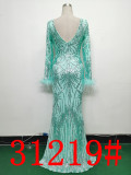 Formal Long Sleeve Prom Dress Sequin Long Party Dress Feather Evening Dress