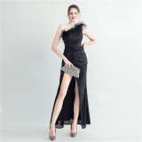 One Shoulder Prom Dress Sequined Side Slit Evening Dress