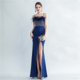 Formal Beaded Party Dress Feather Evening Dress