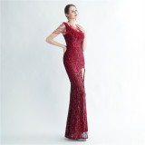 Formal Slash Shoulder Prom Dress Feather Party Dress Sequin Evening Dress